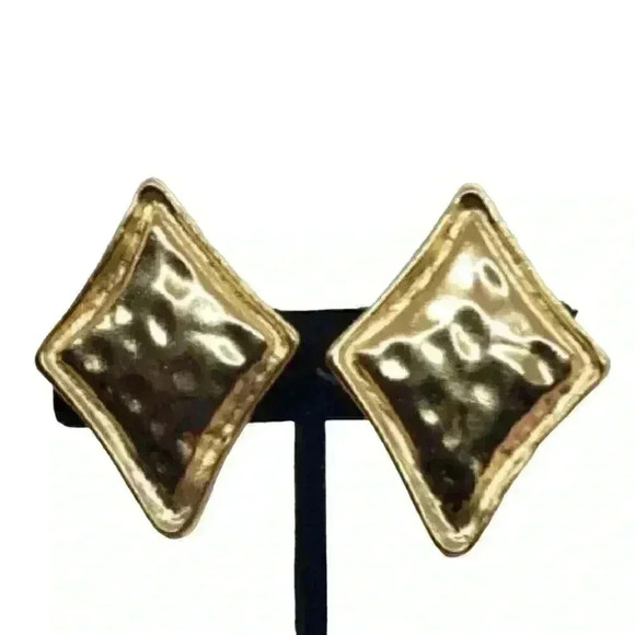 GIVENCHY Earrings Giant Statement Diamond Shaped Gold Wavy Clip Vintage Chunky - Picture 4 of 11